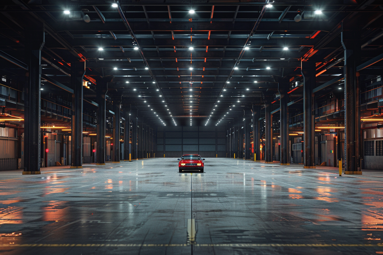 Empty warehouse with person standing next to car.