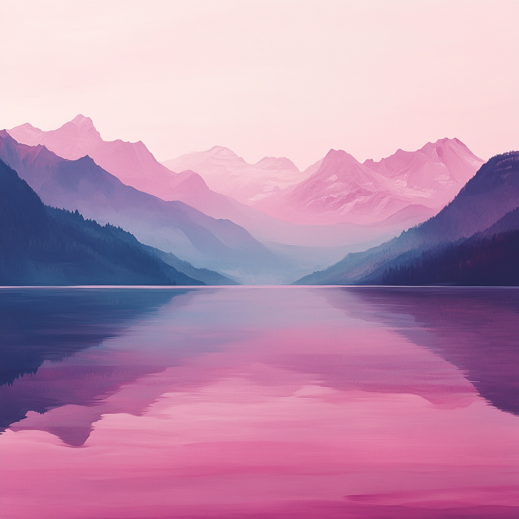 Empty water with pink reflections, distant mountains as backdrop.