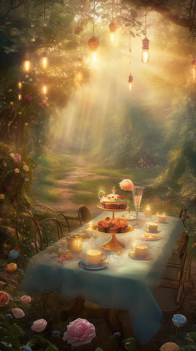 Enchanted Afternoon Tea Scene in Misty Forest