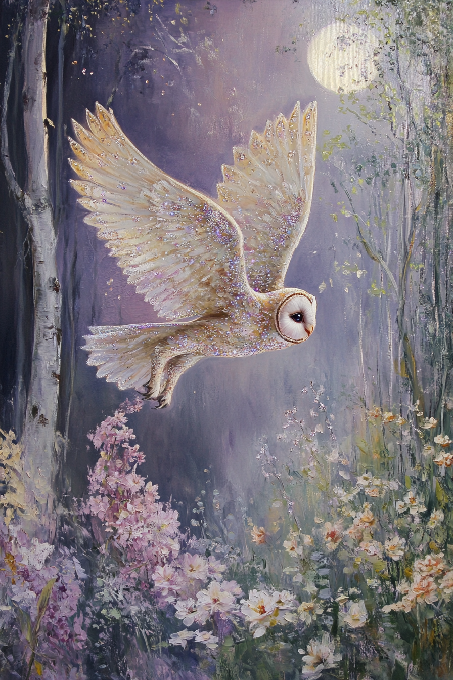 Enchanted Fairy Girl Flying with Owl in Night Forest