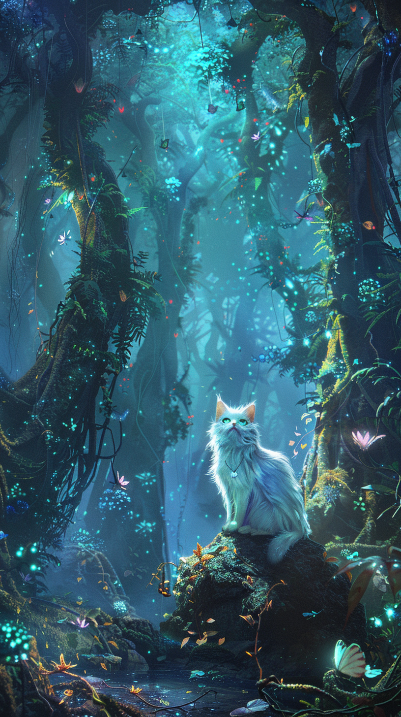 Enchanted Forest with Bioluminescent Plants and White Cat