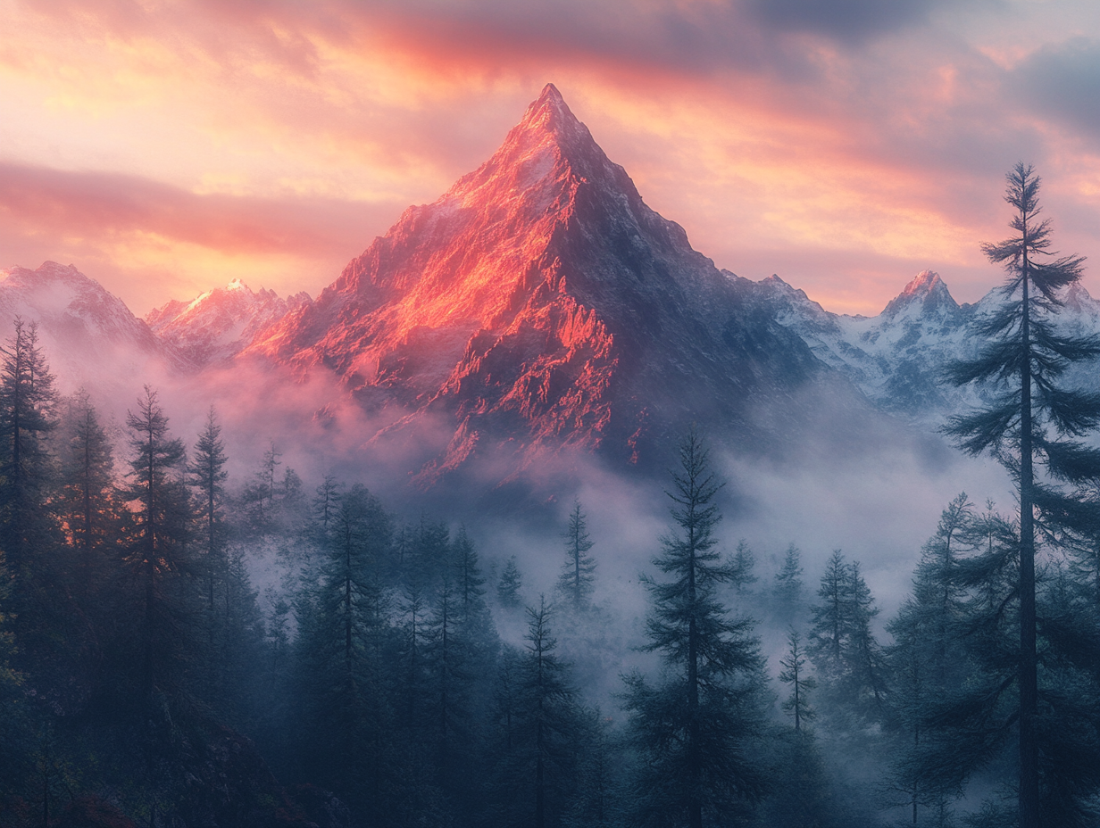 Enchanted Forest with Red Mountain at Sunset