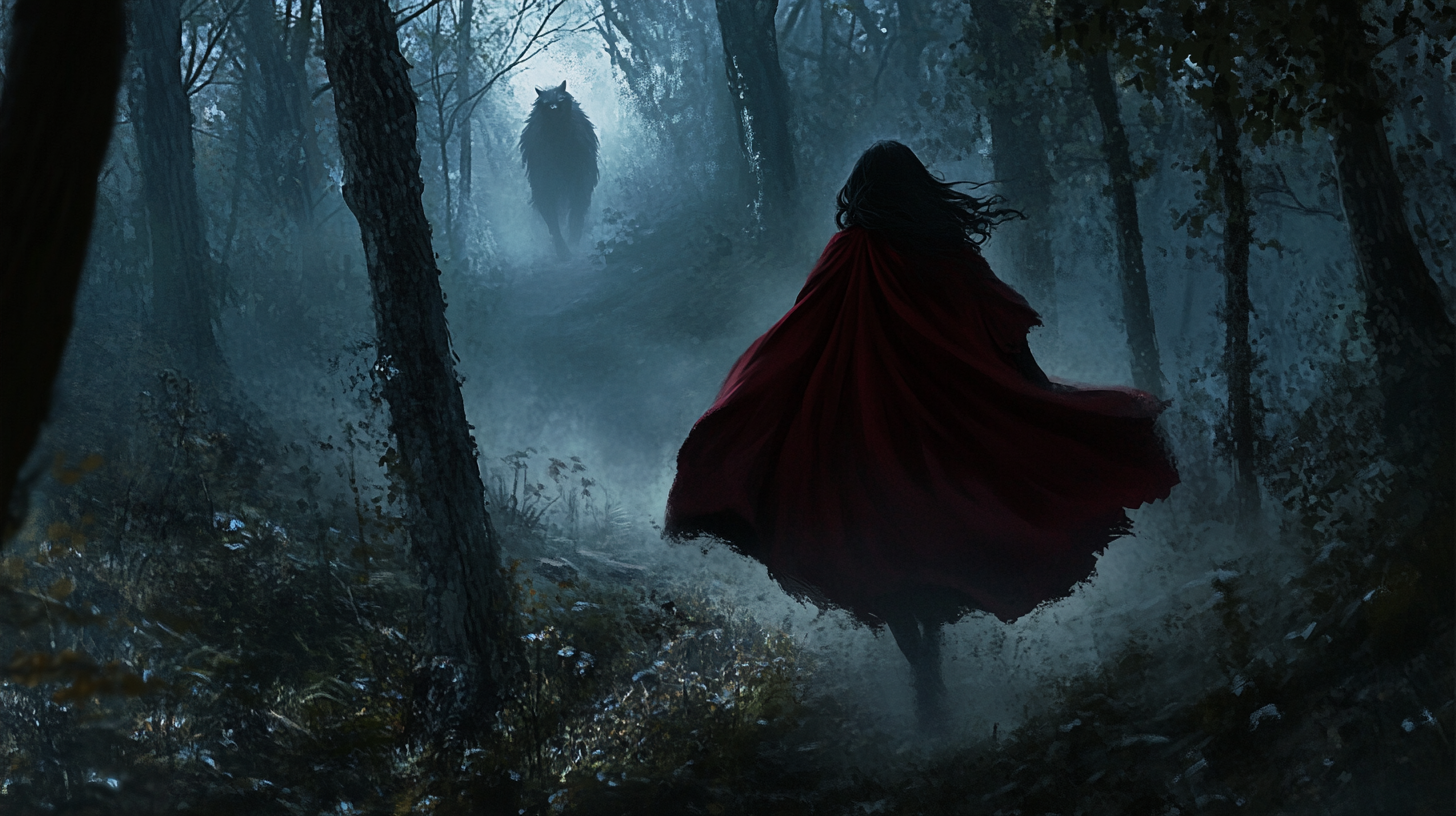 Woman in Red Cloak Running Dramatically