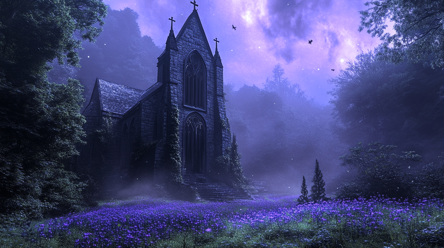 Enchanted Ruined Gothic Church in Mystical Ancient Forest