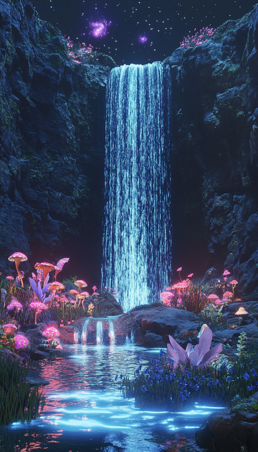 Enchanted Waterfall: Fairies Dance Under Glowing Night Sky