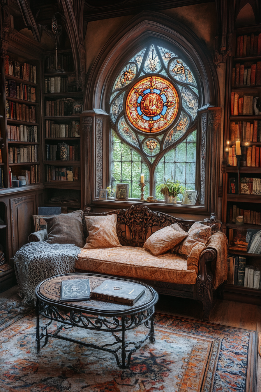 Enchanted elegance in Western Gothic living room with whimsical elements.