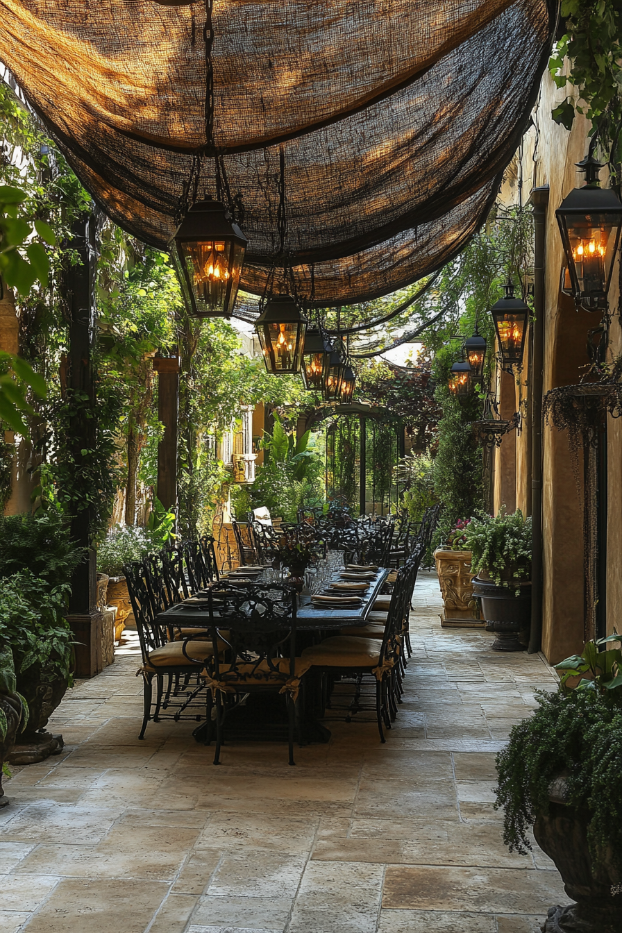 Enchanted evening patio with Gothic decor and soft lighting.