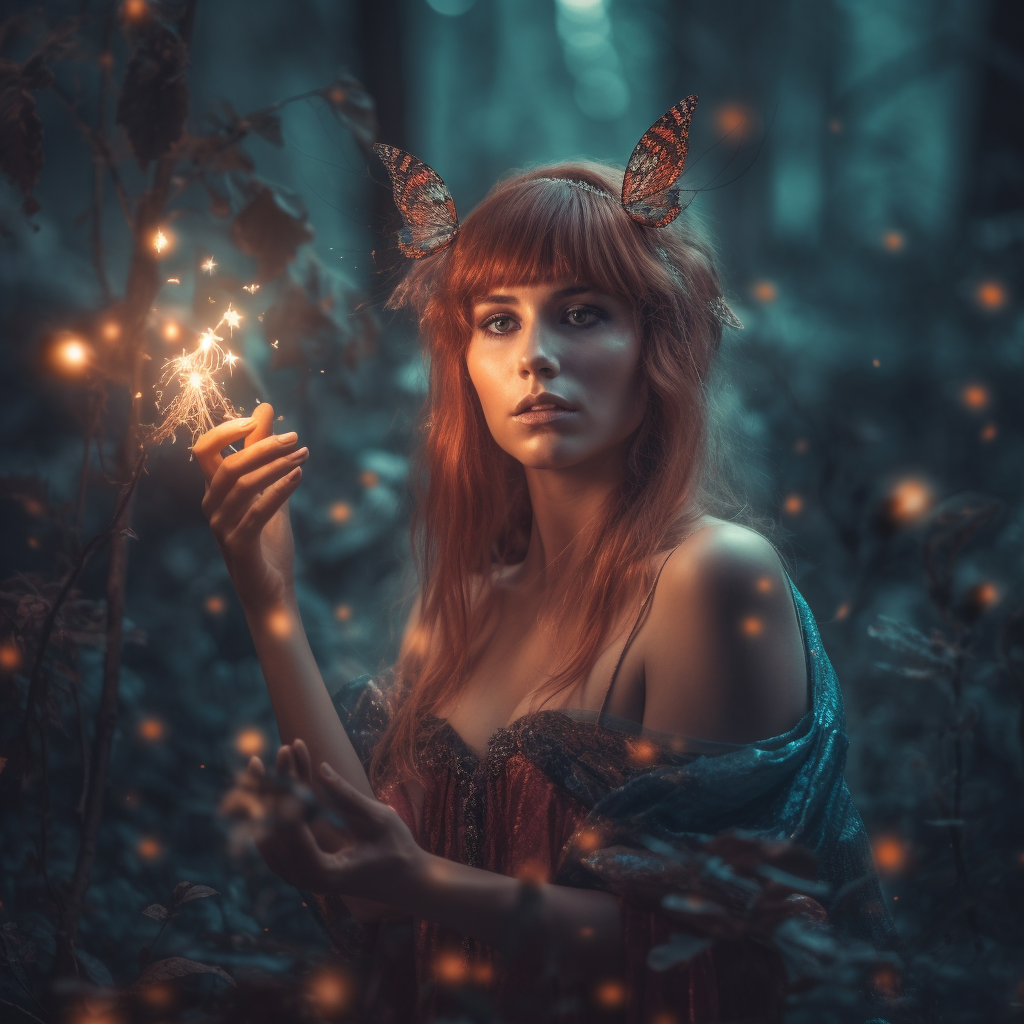 Enchanted forest fairy with magic emitting hands, detailed character.