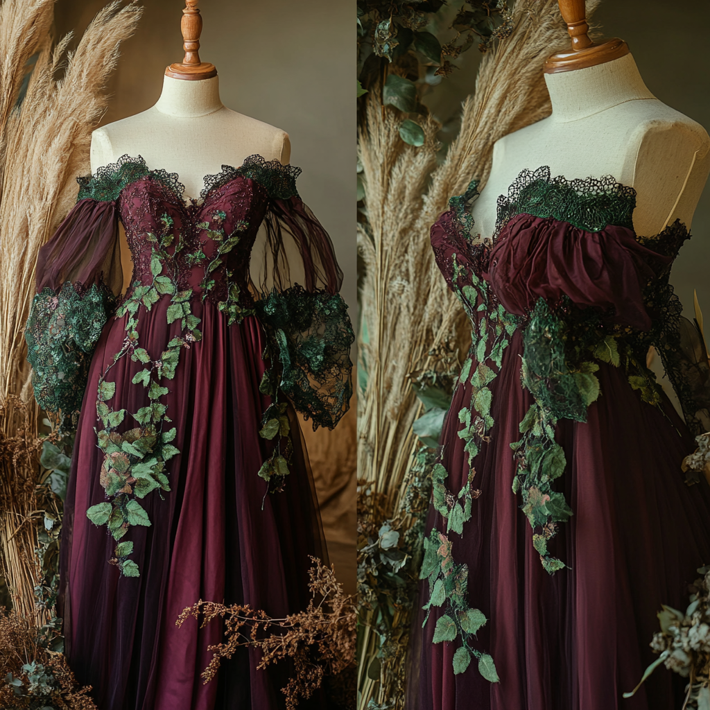 Enchanted forest themed burgundy gown on mannequin