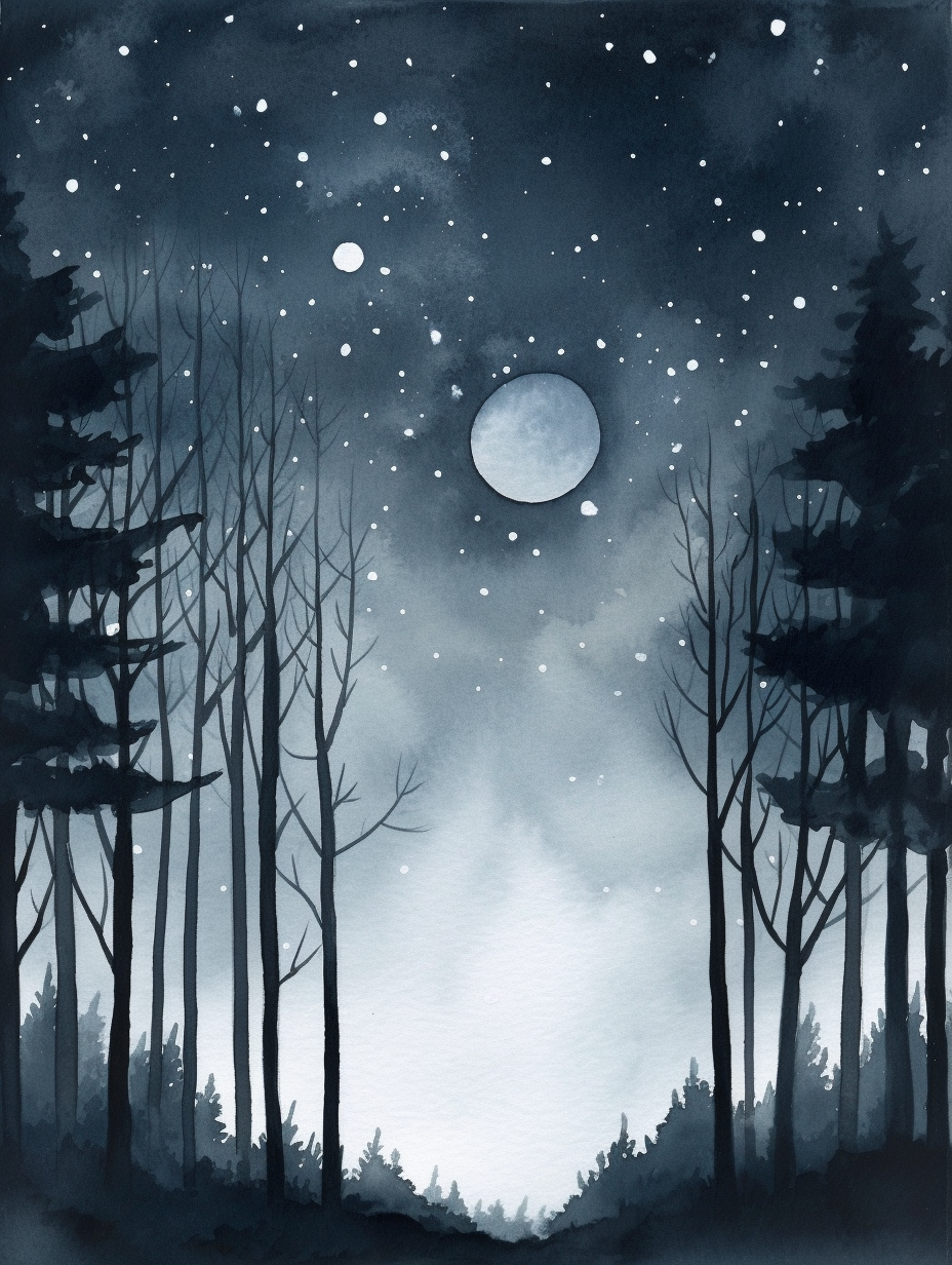 Enchanted night forest scene in watercolor painting