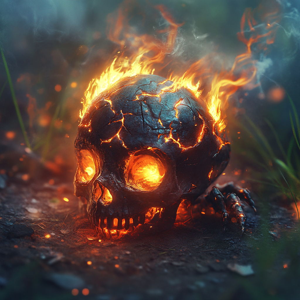 Enchanted skull with fiery embers in mystical forest