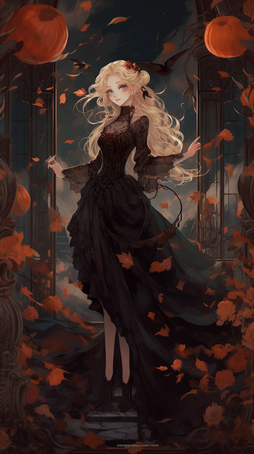 Enchanted sorceress in black rose gown on Halloween night