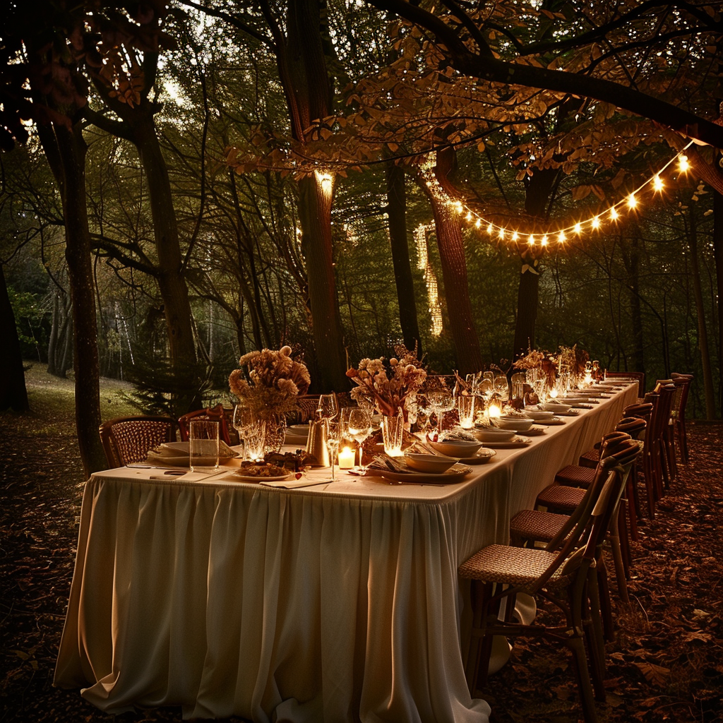 Forest Dinner Party Under Evening Lights