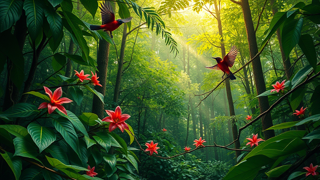 Enchanting Forest Scene with Birds and Leaves