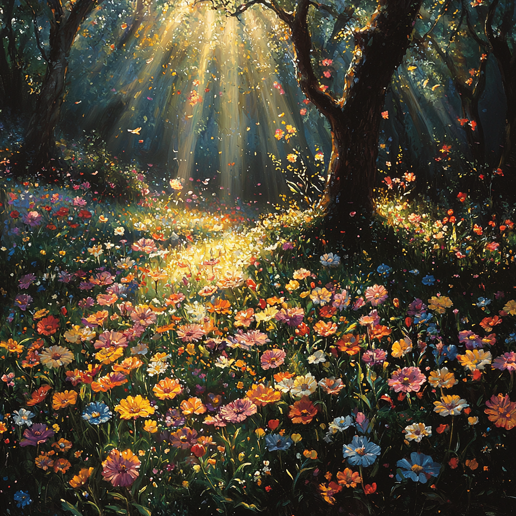 Enchanting Forest with Colorful Flowers and Playful Light Spots