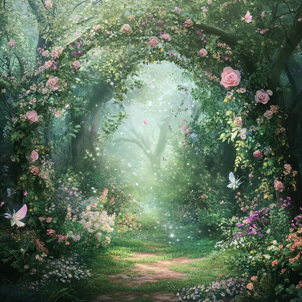 Enchanting Garden with Fairies, Forest, Roses and Flowers