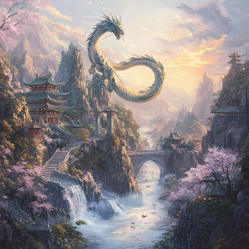 Enchanting Oriental Landscape with Ethereal Dragon