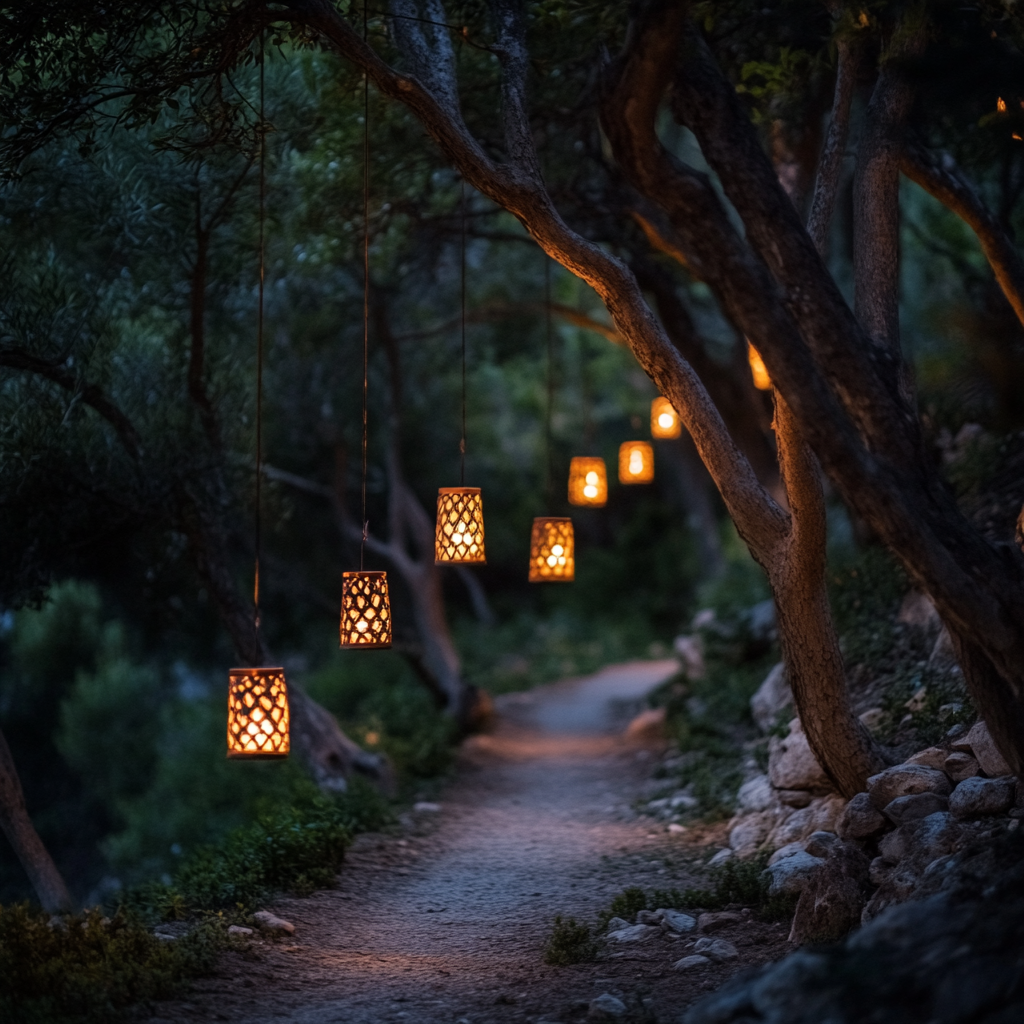 Enchanting Path at Sunrise with Lanterns and Pumpkins