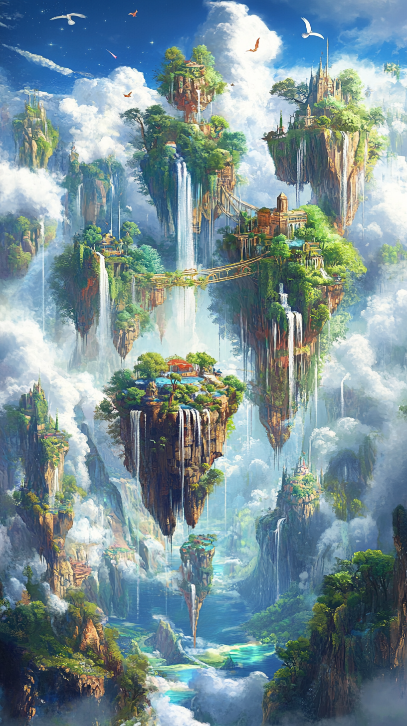 Enchanting floating islands with rainbow bridges and magical creatures.