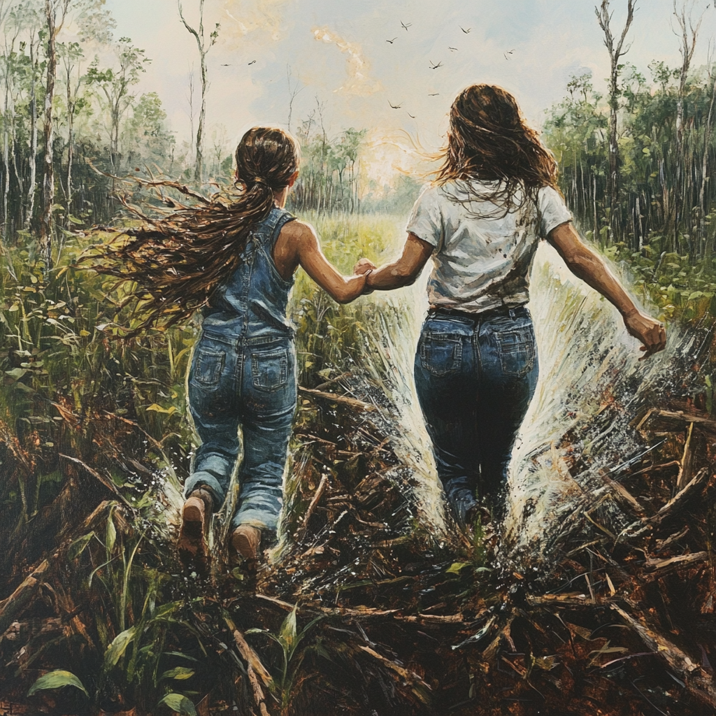 Enchanting moment: Mother and daughter embrace in forest.