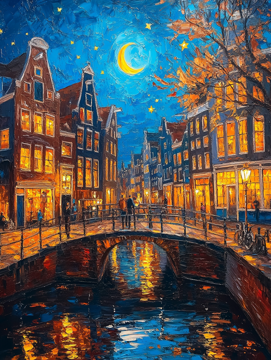 Enchanting painting of Amsterdam canals in vivid detail.