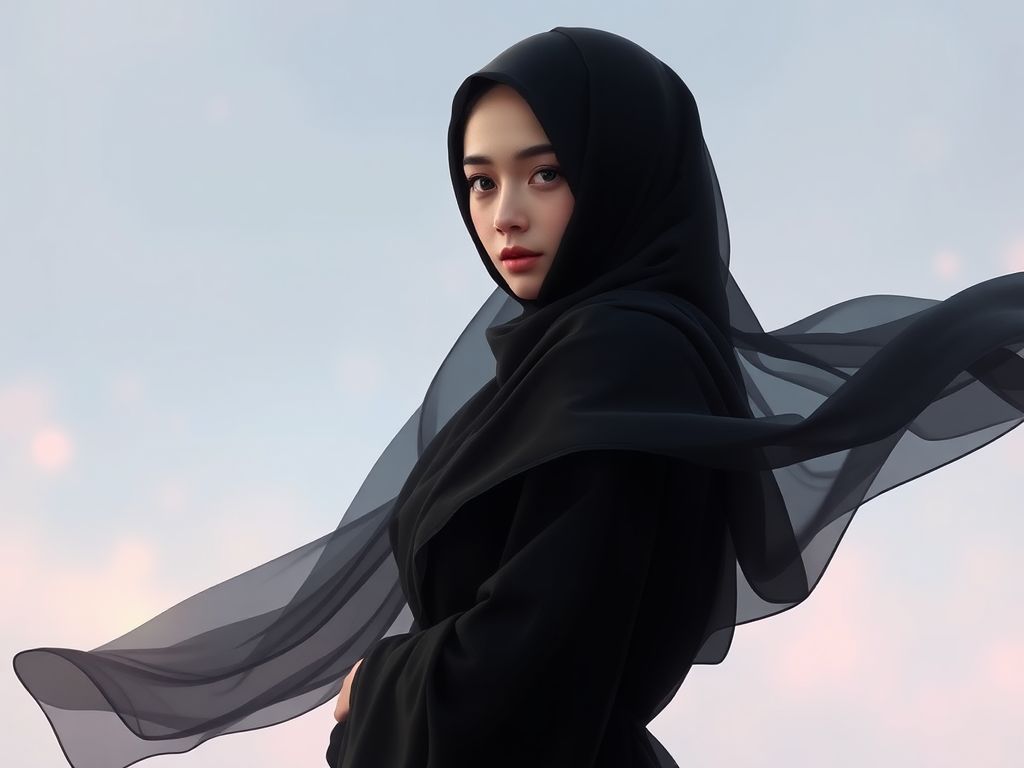 Enchanting woman in black abaya, eyes shining, serene landscape.