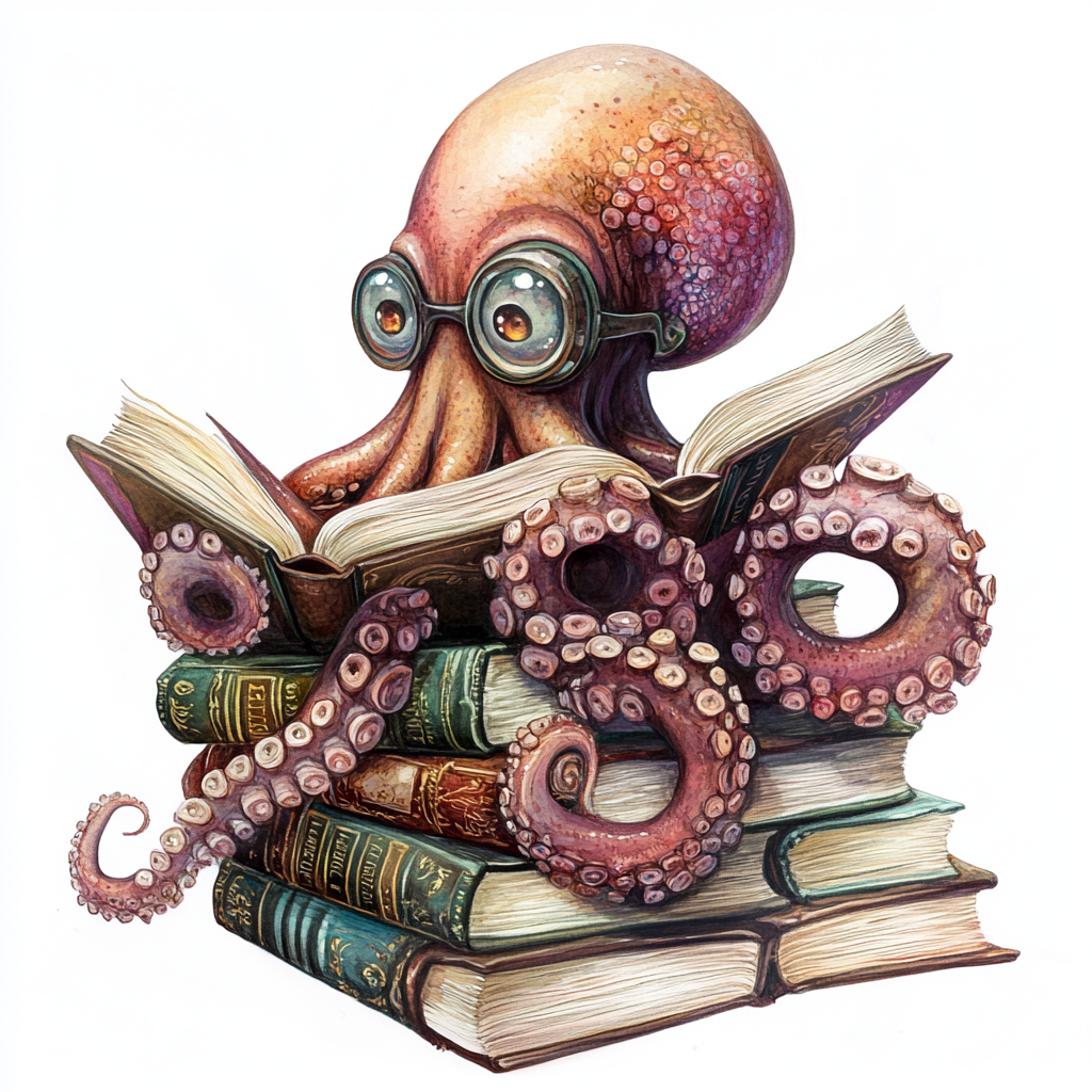 Endearing Octopus Librarian Character in Art Nouveau Style