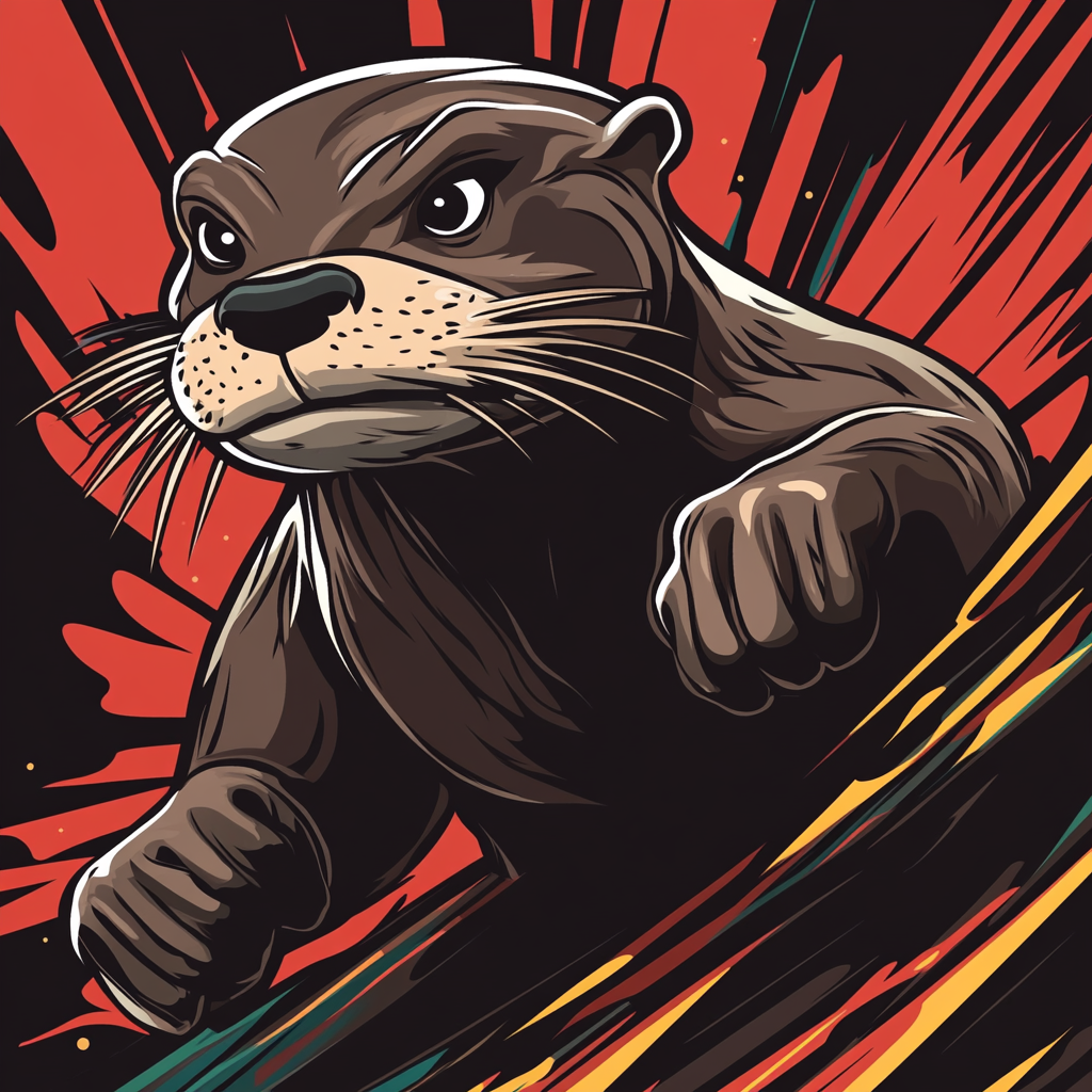 Energetic, fierce Amazonian otter mascot running towards you.