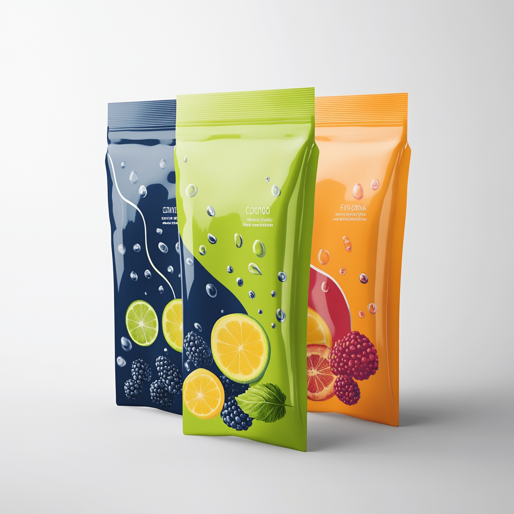 Energetic, fresh fruit pouch with vibrant colors and abstract elements.