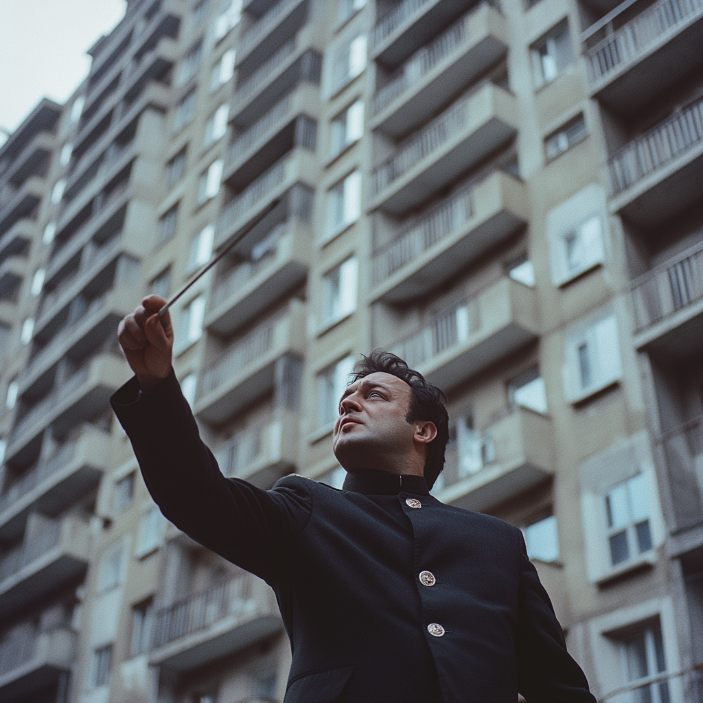 Energetic conductor leading military orchestra in front of apartment.