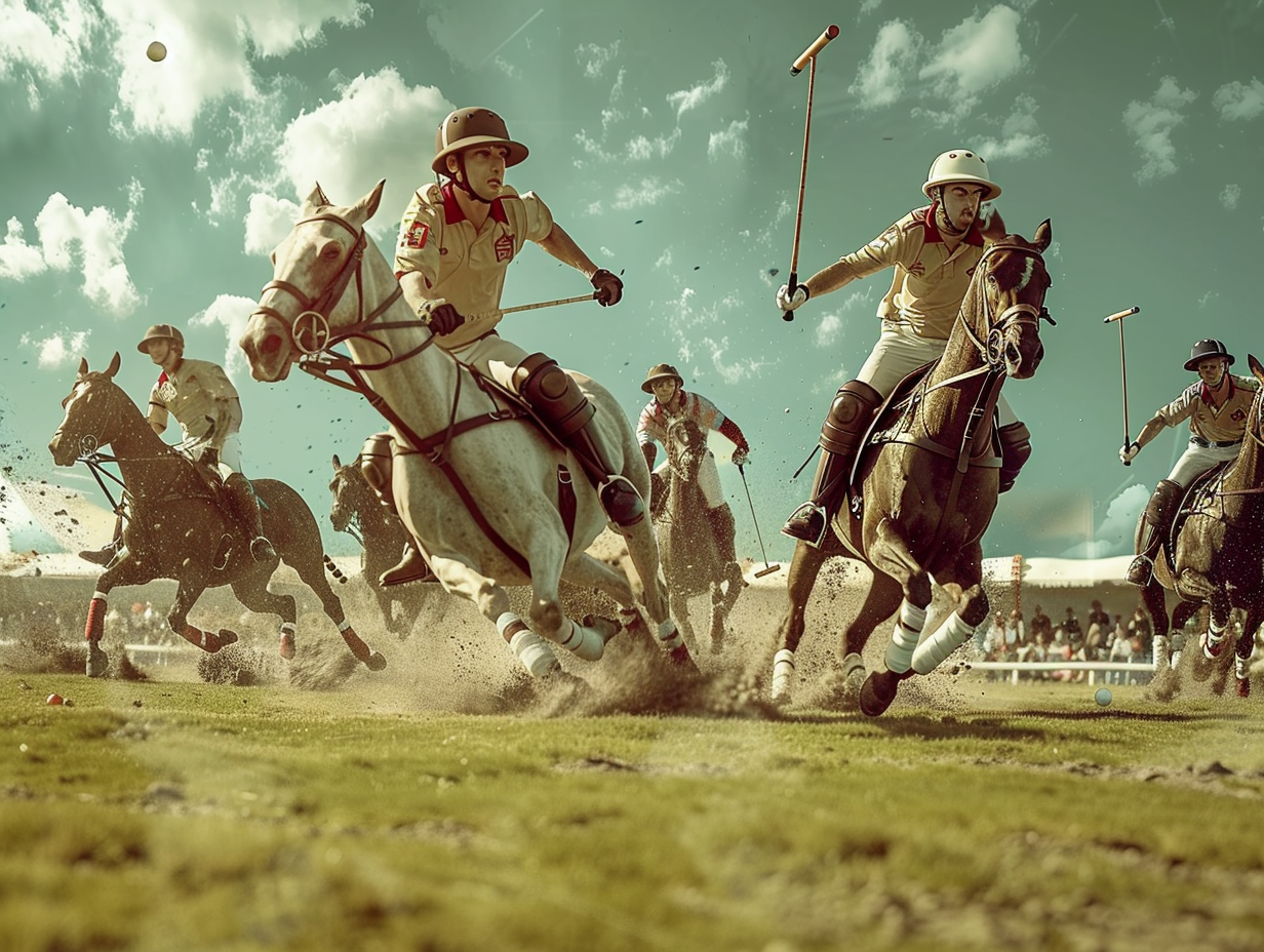 Energetic men's polo game with horses and players.