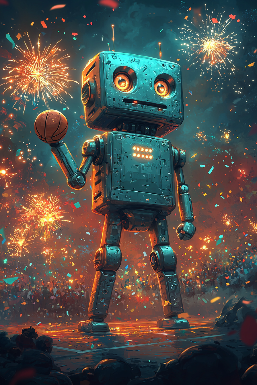 Energetic robot spinning basketball in vibrant, playful cartoon scene.