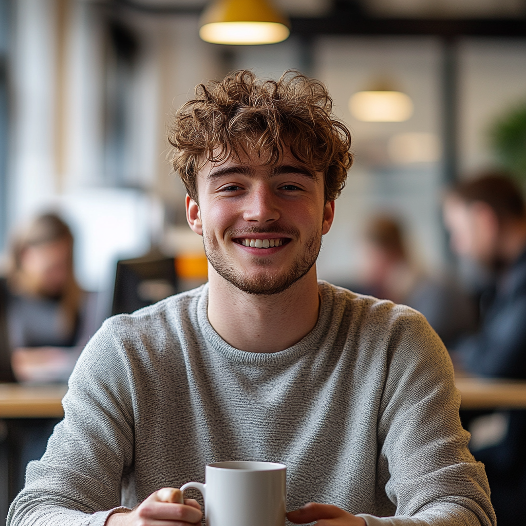 Energetic young man at tidy desk in bright office