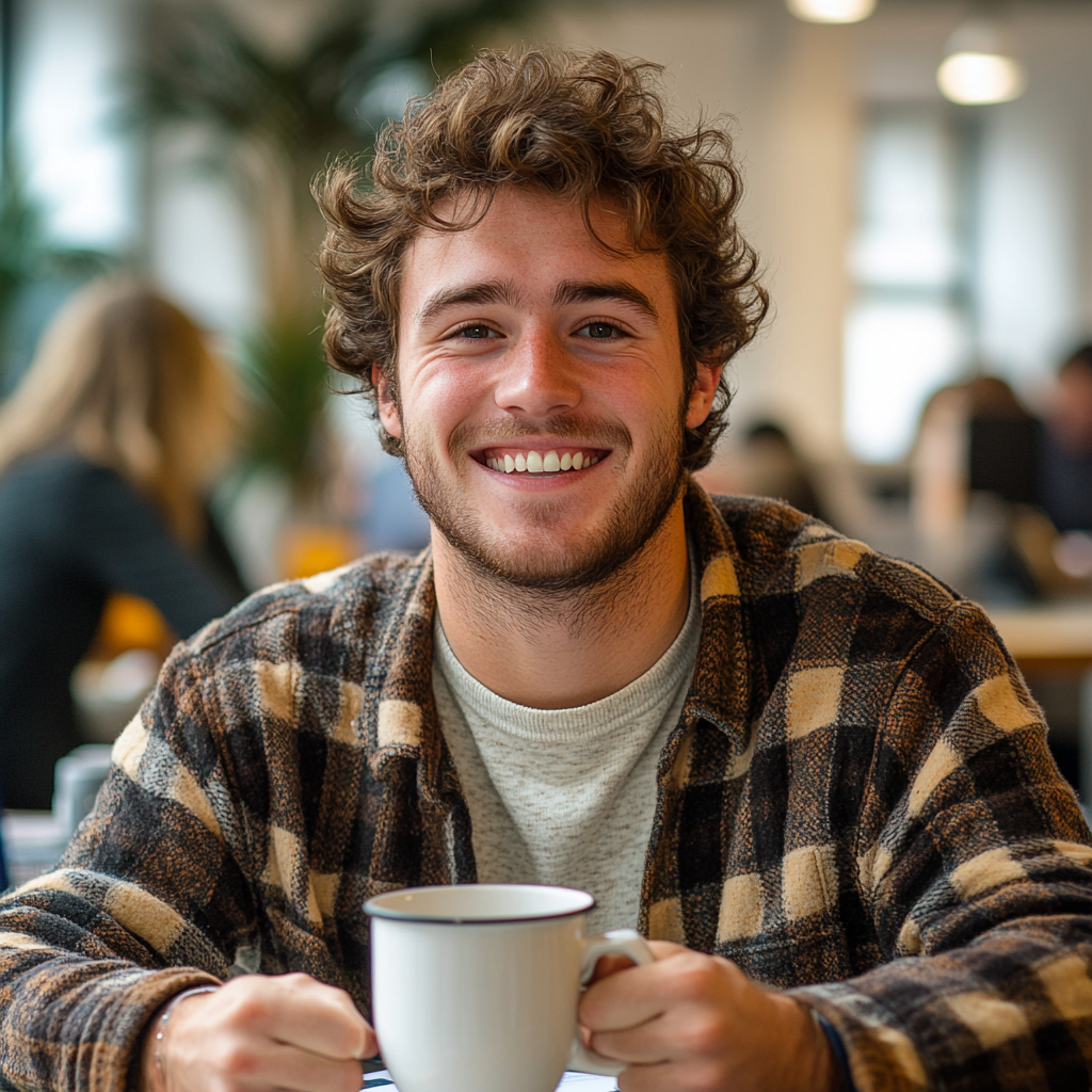 Energized young man at desk in bright office.