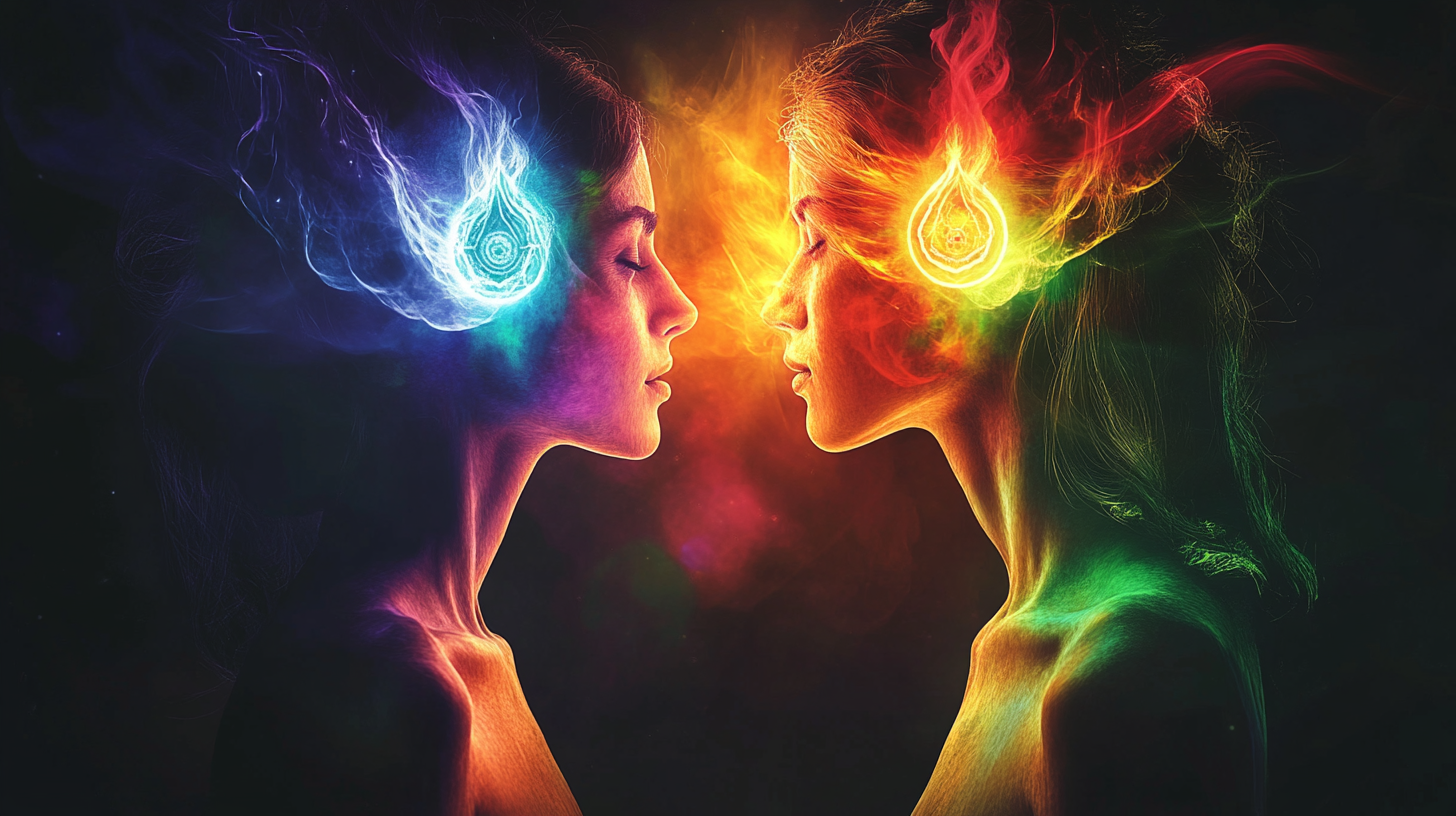 Energy transfer between male and female figures, chakras visible