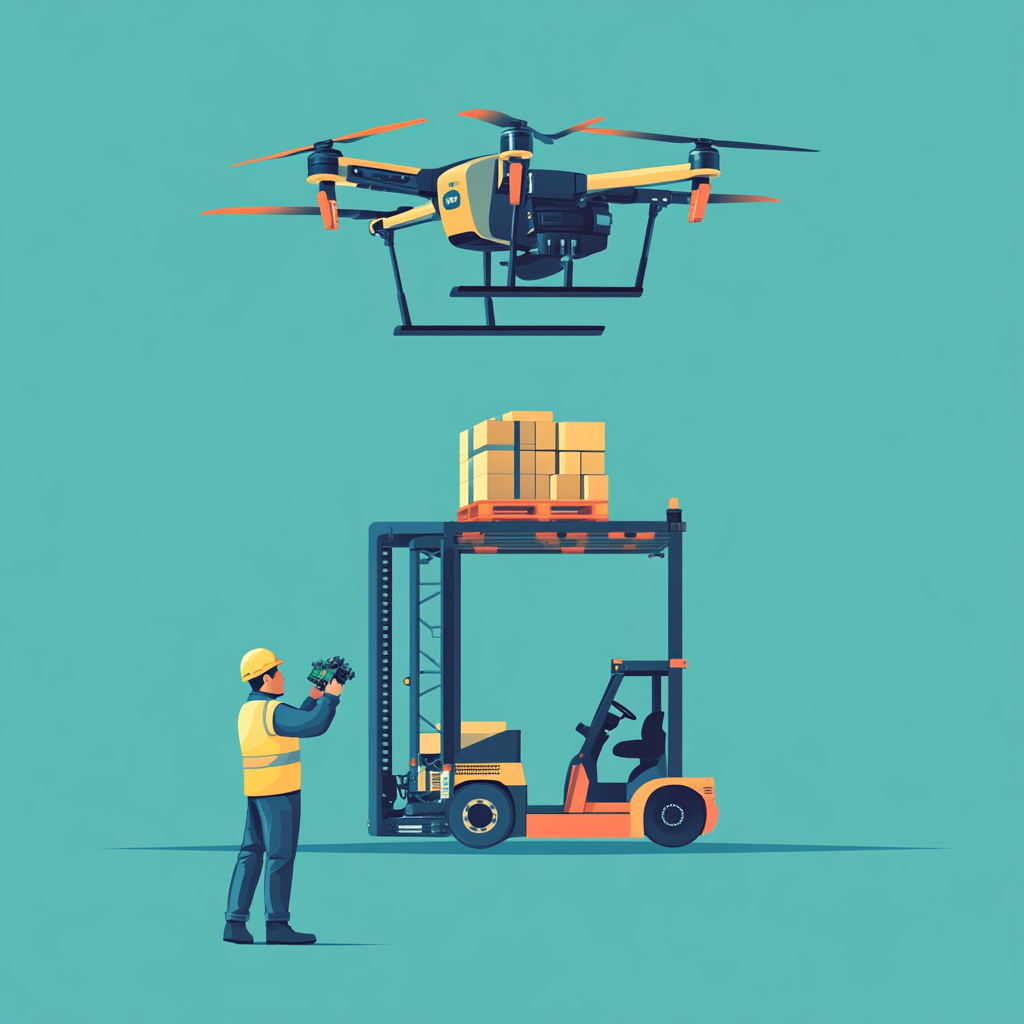 Engineer operates joystick, pallet truck, cargo drone on platform.