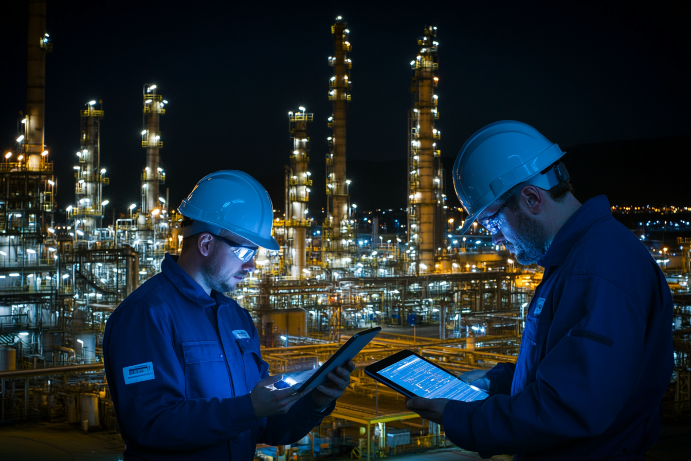 Engineers discuss oil project at illuminated plant at night.