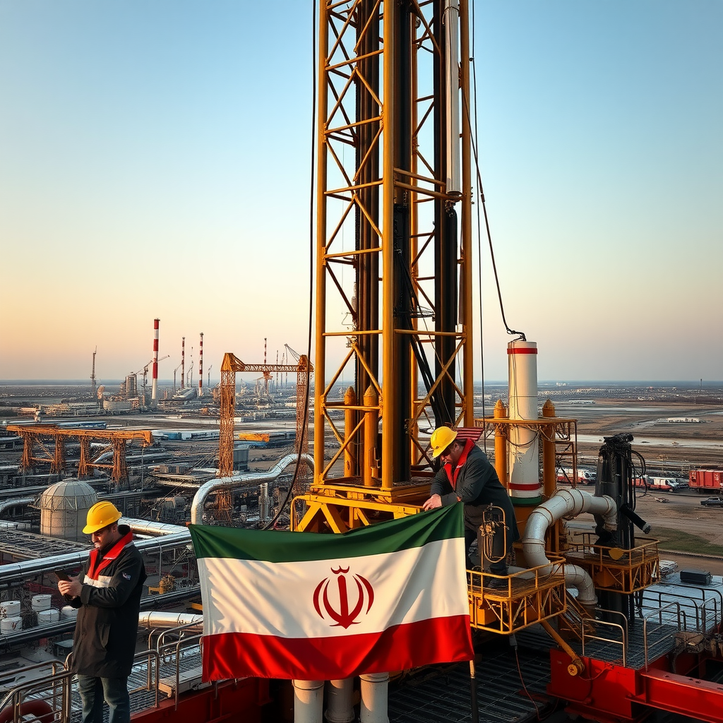 Engineers on advanced drilling rig near Iranian flag.