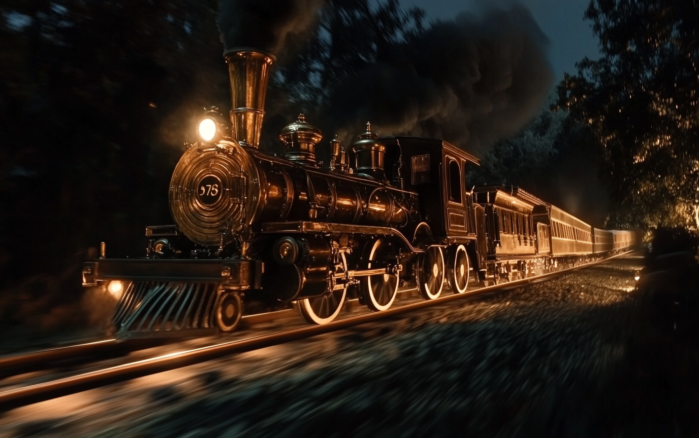 English locomotive in 1900 driving fast at night