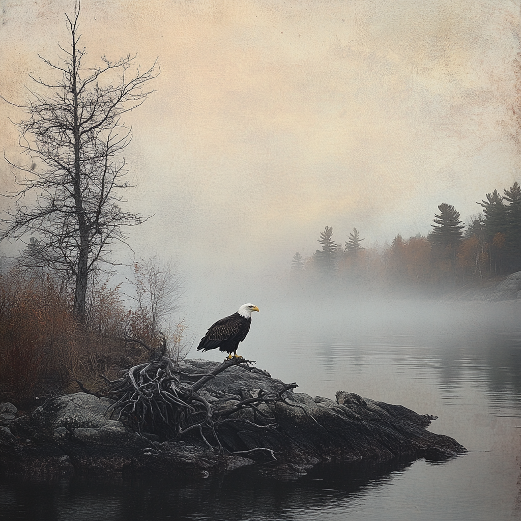 Enhanced misty lakeside photo with a perched eagle.