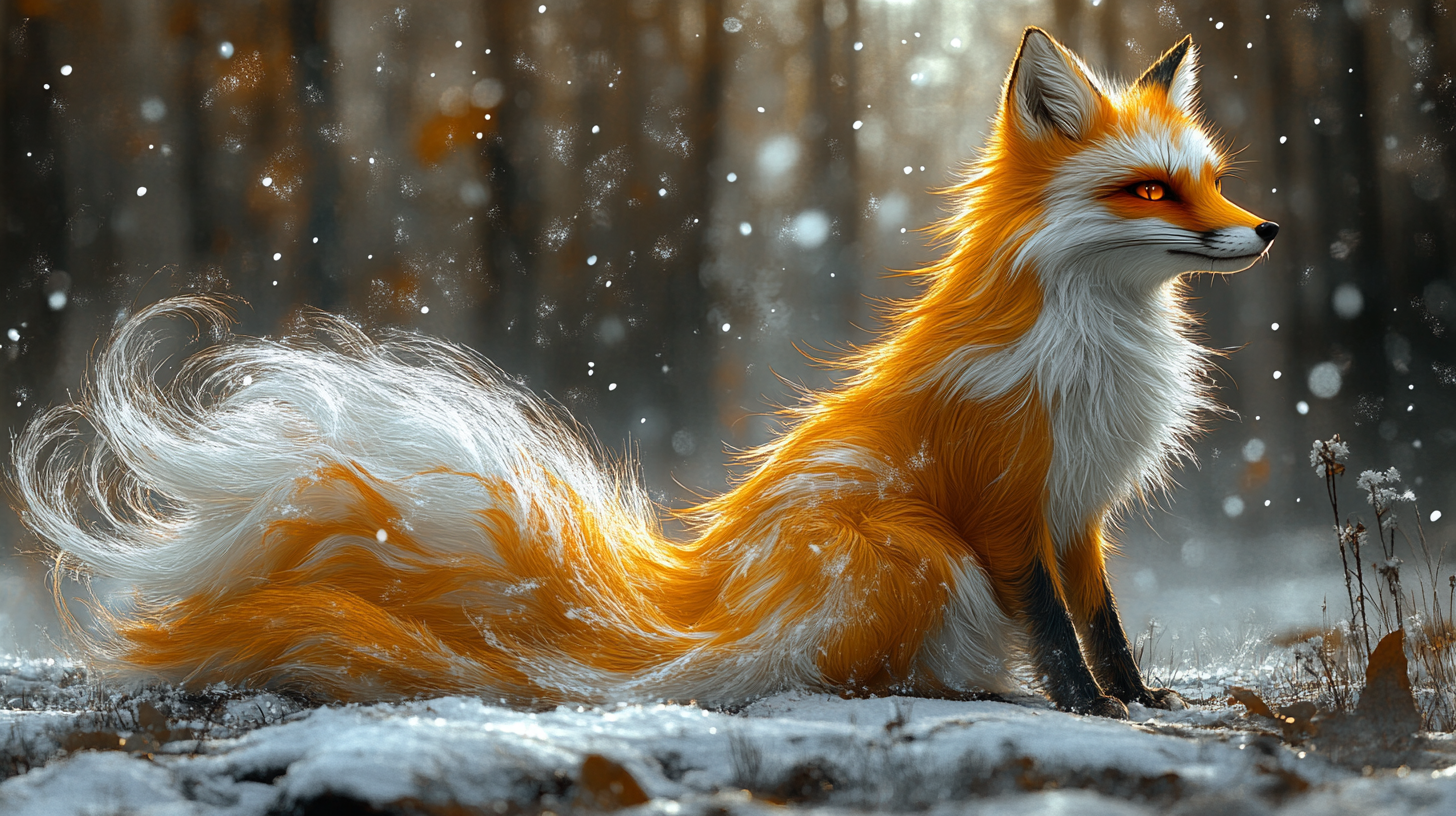 Enigmatic nine-tailed fox in serene snowy forest