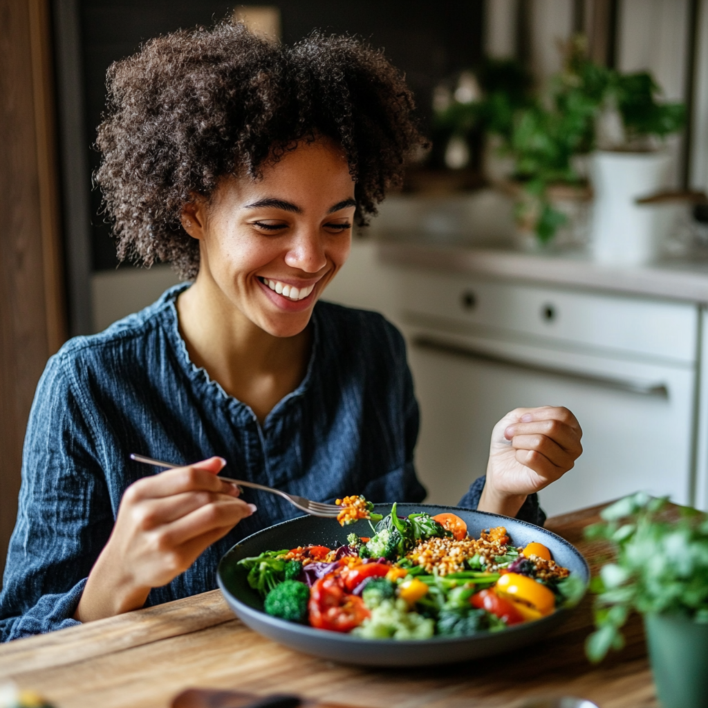 Enjoying a colorful, healthy meal with a smile.