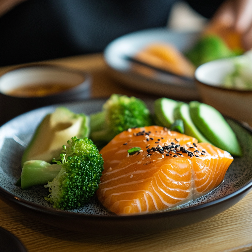 Enjoying first meal post-fast: salmon, broccoli, avocado. Smile.