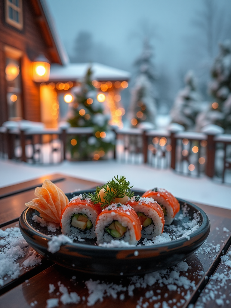 Enjoying sushi dinner outside in the snowy winter.