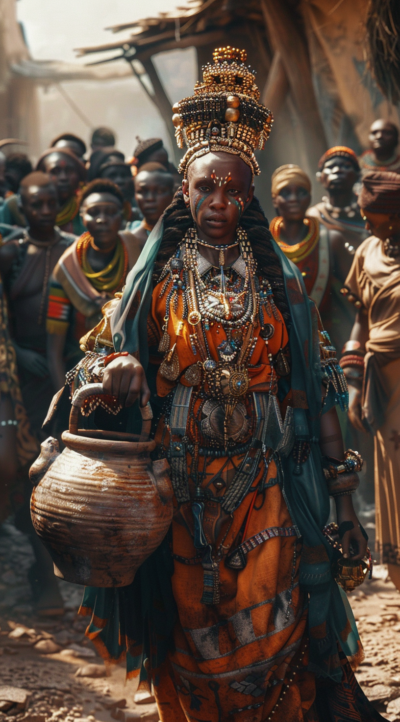 Enormous African princess with crown holding giant clay pot.