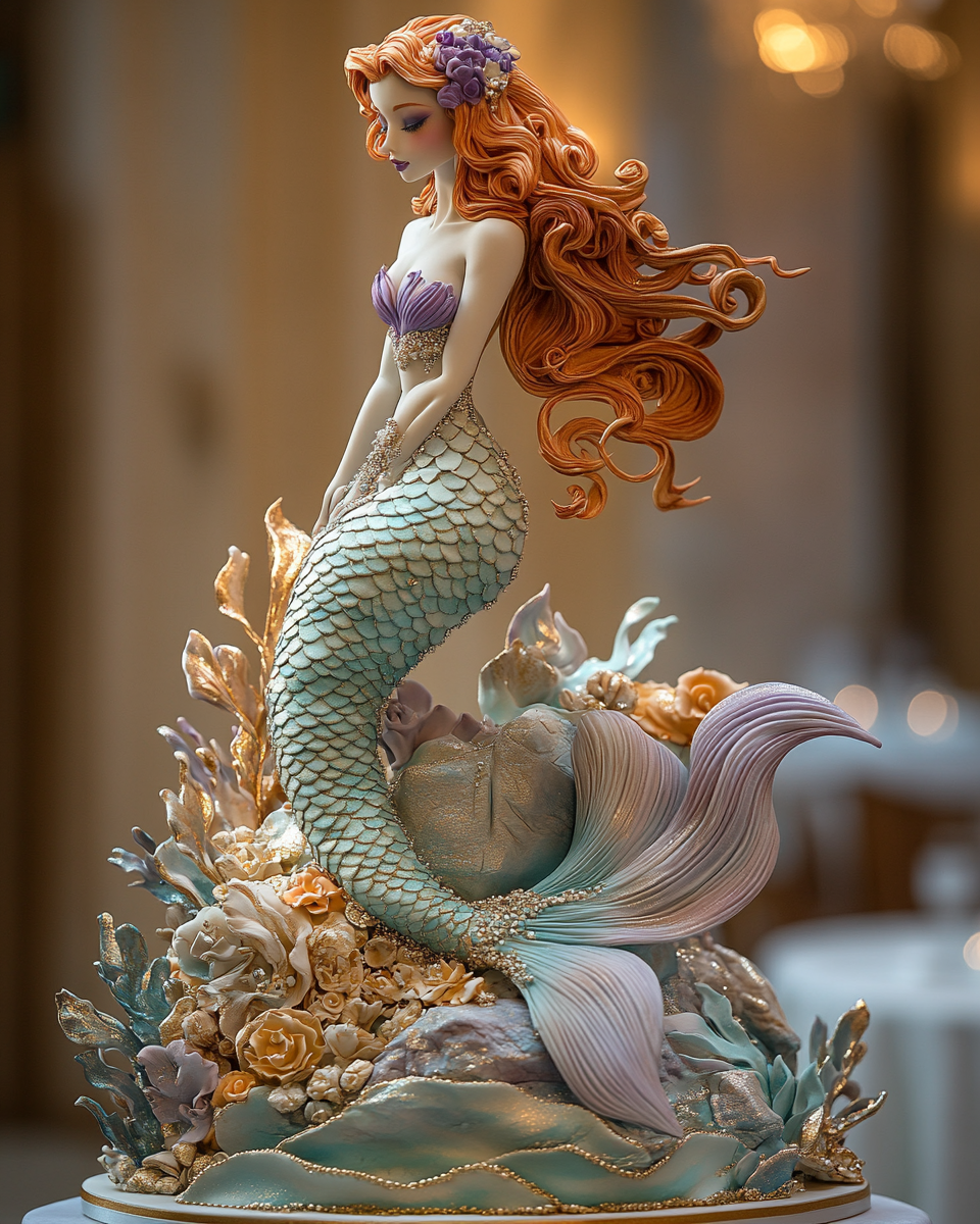 Enormous Fancy Mermaid Wedding Cake Displayed in Ballroom