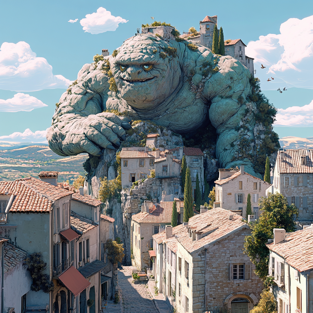 Enormous creature scaling Gordes in stylized Unity 3D graphics.