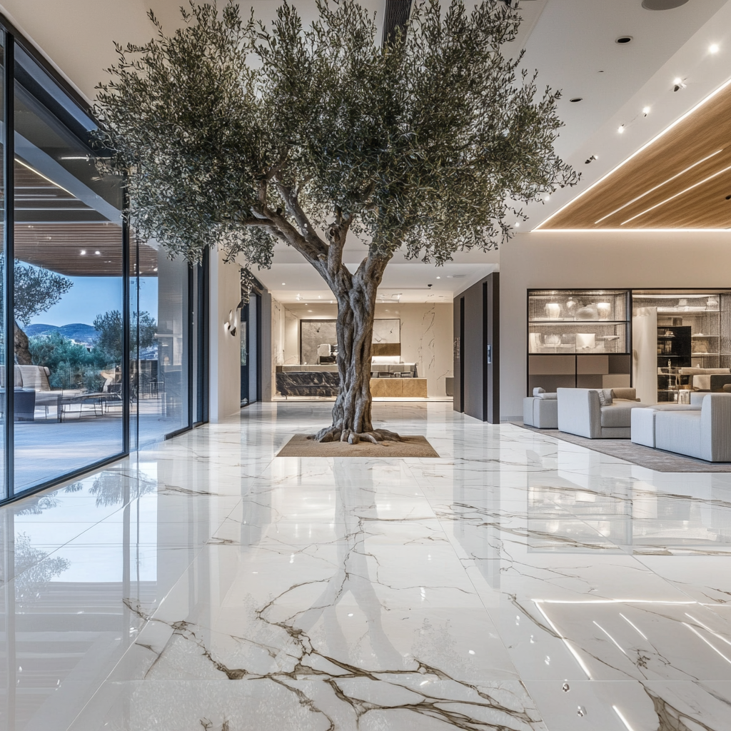 Entering furniture showroom through glass doors, big olive tree.