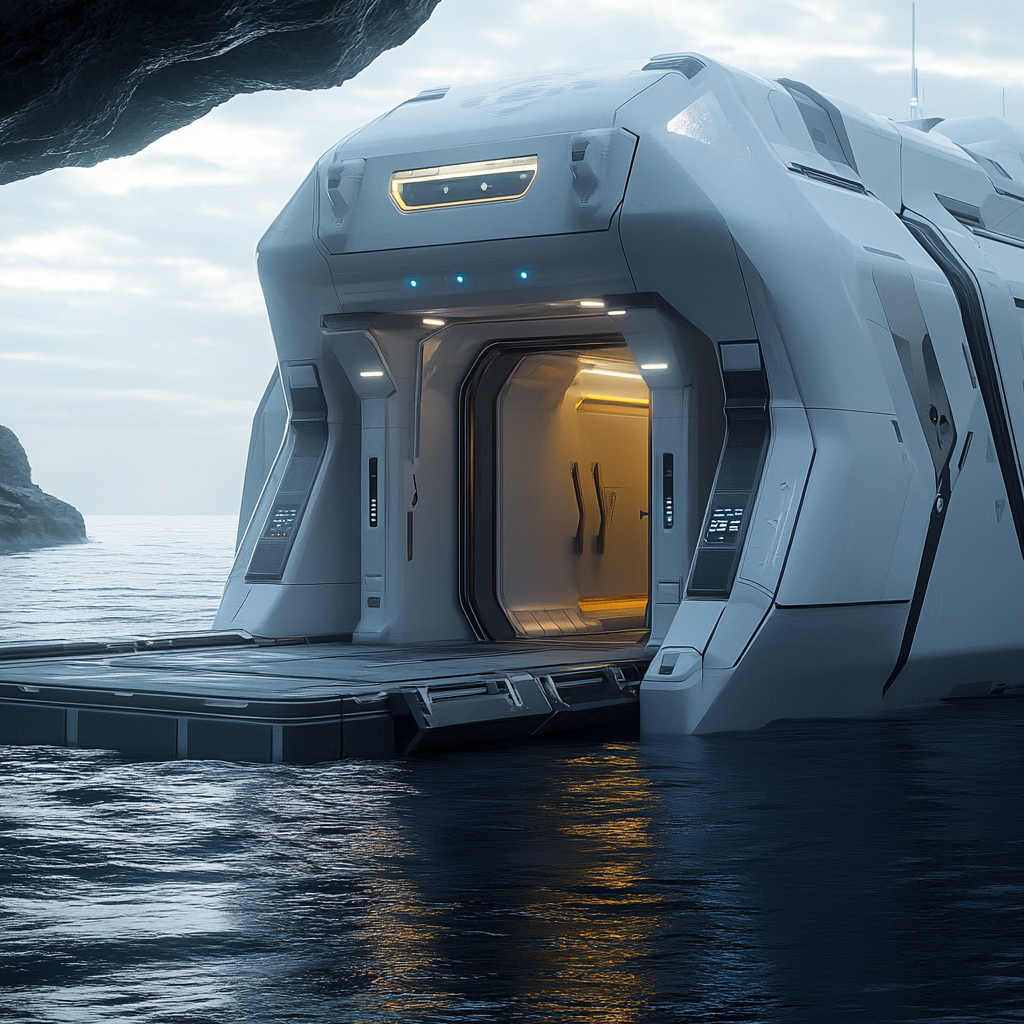 Entrance of a futuristic ship on water