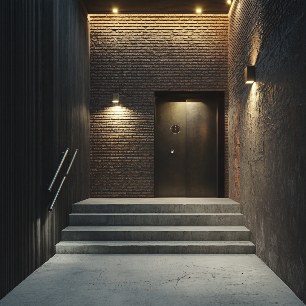 Entrance to hotel, concrete steps, metal door view